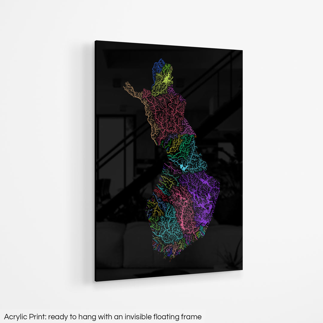 Finland - River basin map, rainbow colours - Wall Art