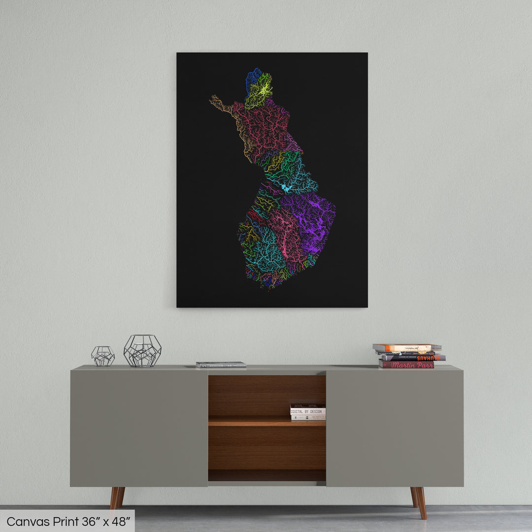 Finland - River basin map, rainbow colours - Wall Art
