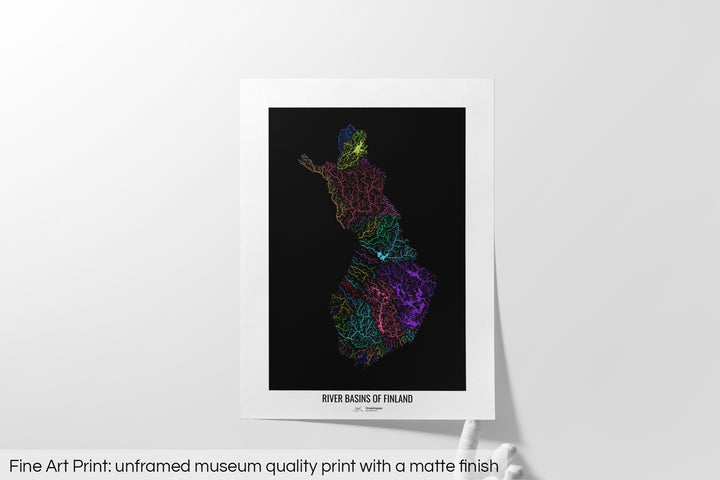 Finland - River basin map, rainbow colours - Wall Art
