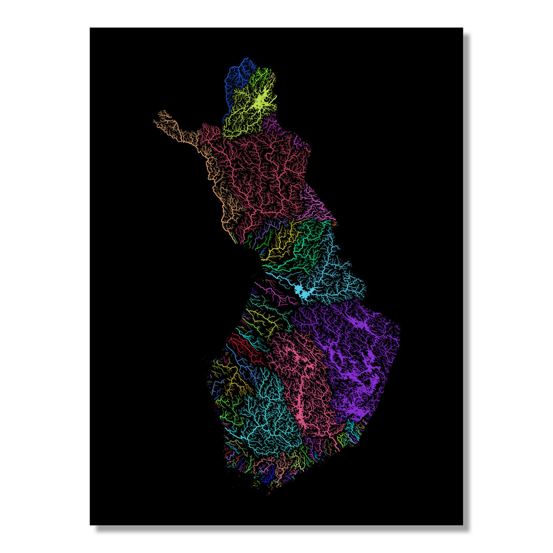 Finland - River basin map, rainbow colours - Wall Art