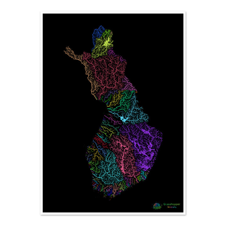 Finlandia - Mapa de cuencas fluviales, arco iris sobre negro - Impresión de bellas artes