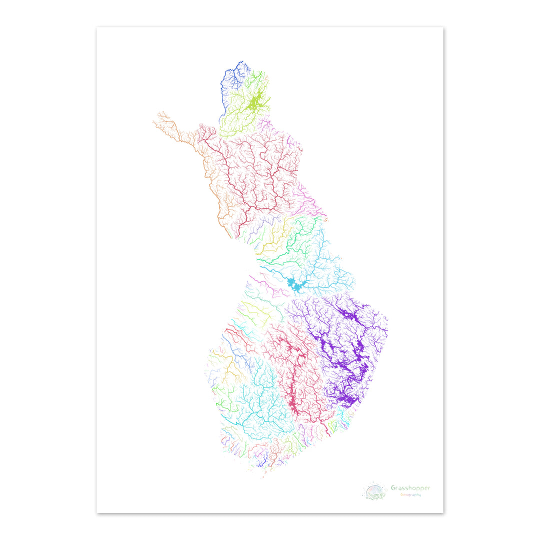 Finlandia - Mapa de cuencas fluviales, arco iris sobre blanco - Impresión de bellas artes