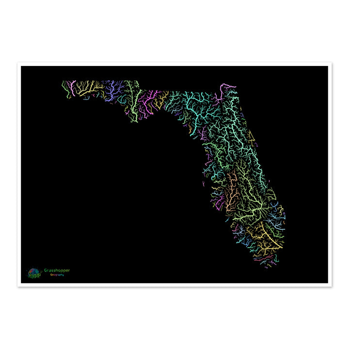 River basin map of Florida, pastel colours on black - Fine Art Print