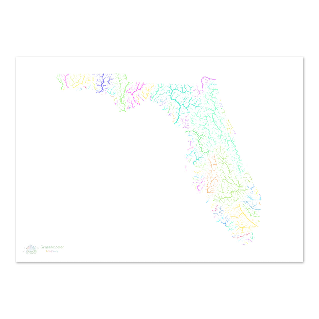 Floride - Carte du bassin fluvial, pastel sur blanc - Fine Art Print