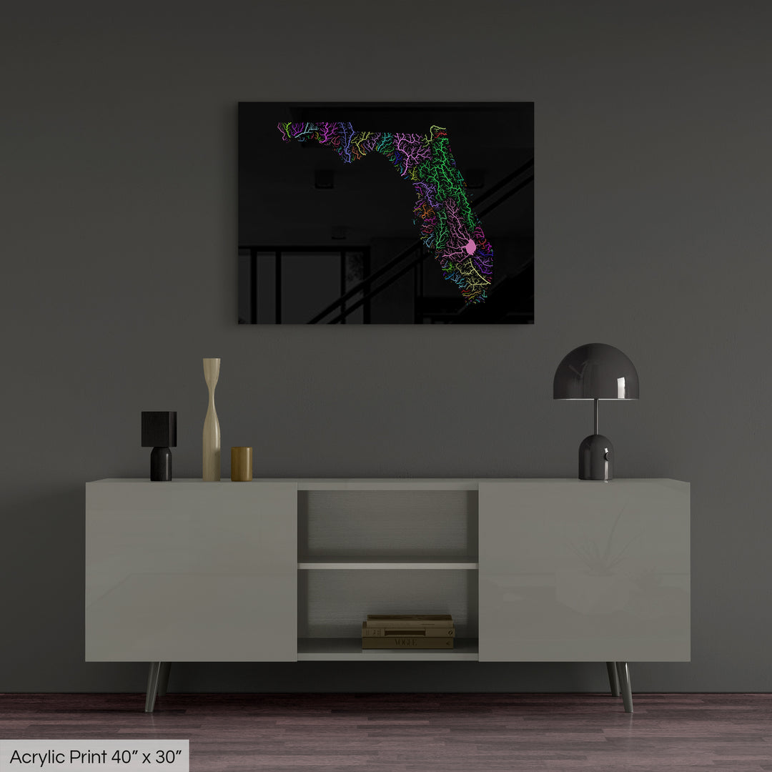 Florida - River basin map, rainbow colours - Wall Art
