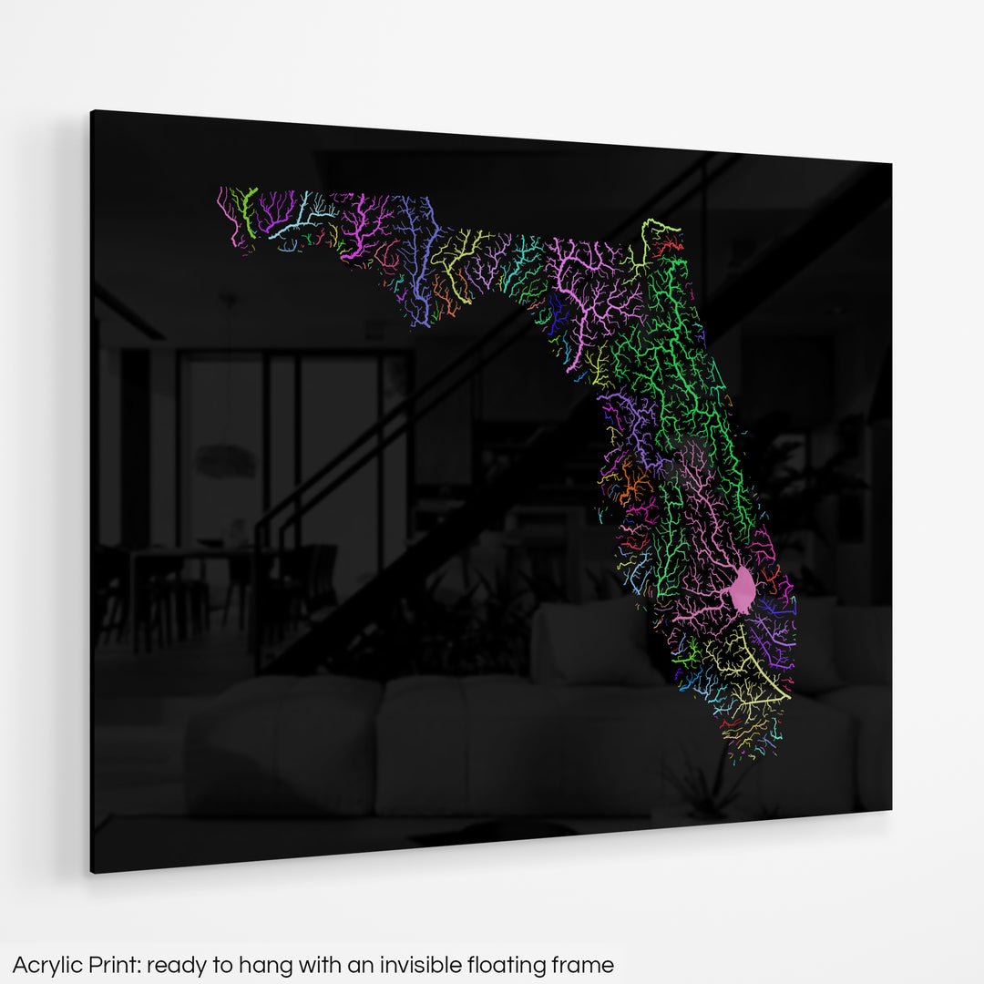 Florida - River basin map, rainbow colours - Wall Art