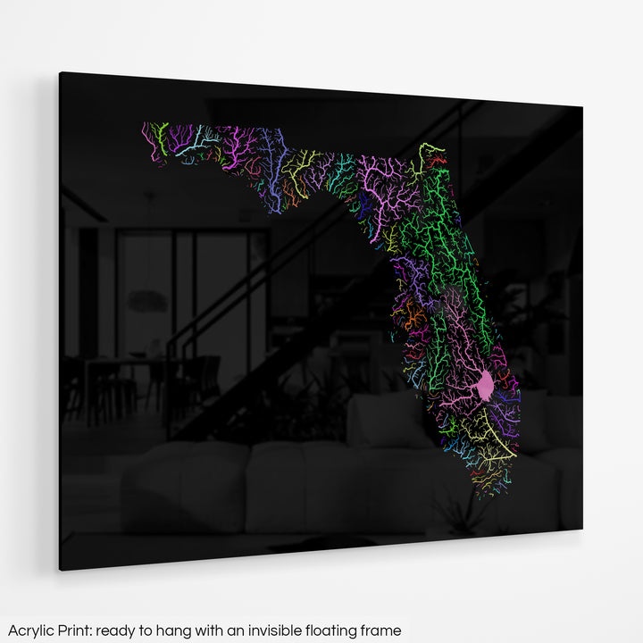 Florida - River basin map, rainbow colours - Wall Art
