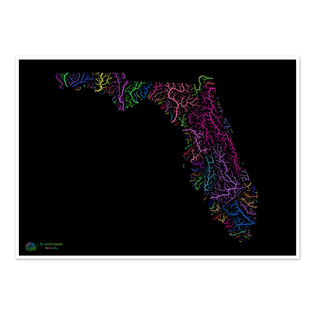 Florida - Mapa de la cuenca fluvial, arco iris sobre negro - Impresión de bellas artes