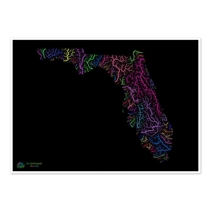 Floride - Carte des bassins fluviaux, arc-en-ciel sur noir - Fine Art Print