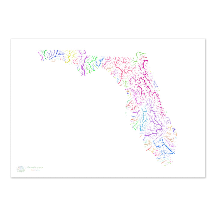 Floride - Carte du bassin fluvial, arc-en-ciel sur blanc - Fine Art Print