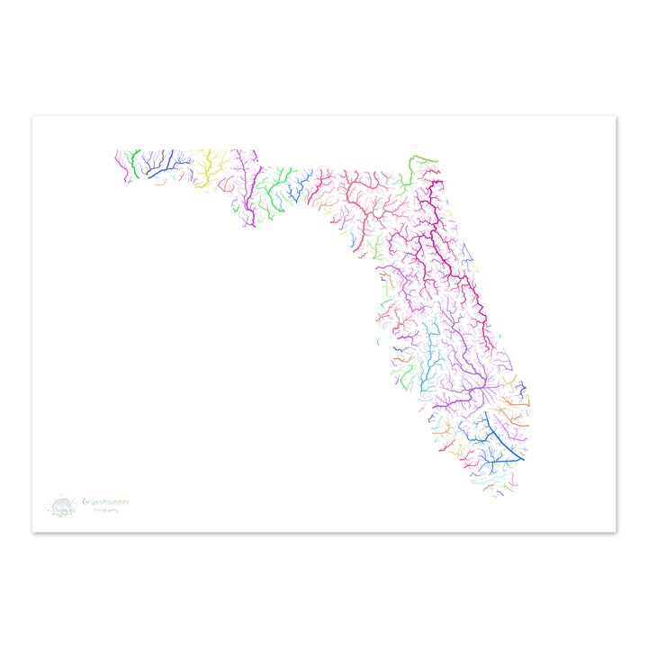 Florida - Mapa de la cuenca fluvial, arco iris sobre blanco - Impresión de bellas artes