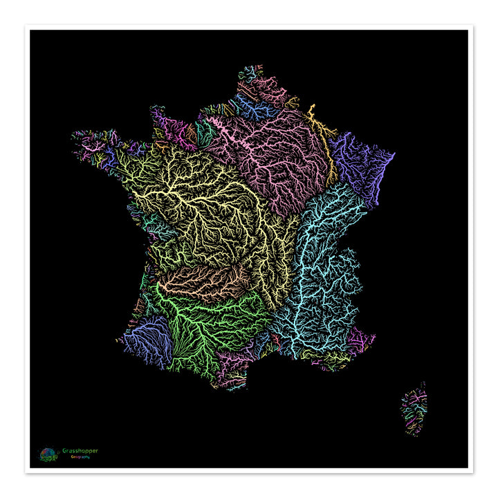 Francia - Mapa de la cuenca hidrográfica, pastel sobre negro - Impresión de Bellas Artes