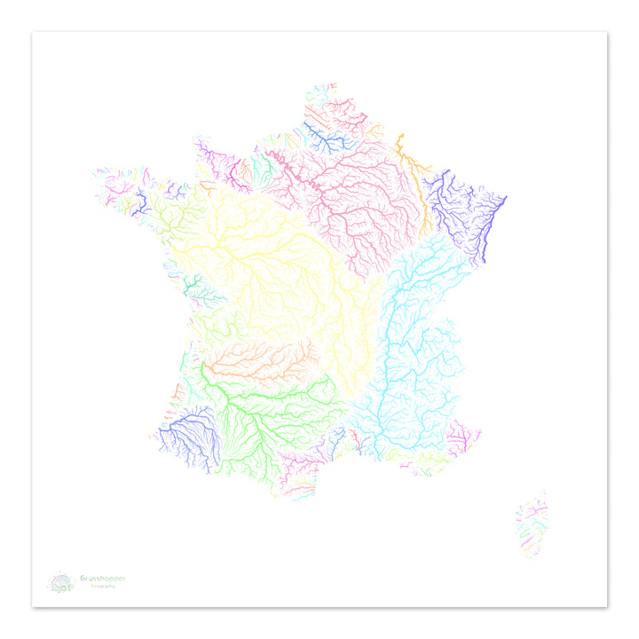 Francia - Mapa de la cuenca hidrográfica, pastel sobre blanco - Impresión de Bellas Artes