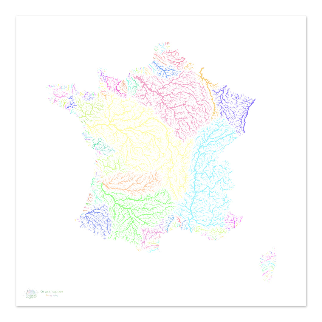 France - River basin map, pastel on white - Fine Art Print