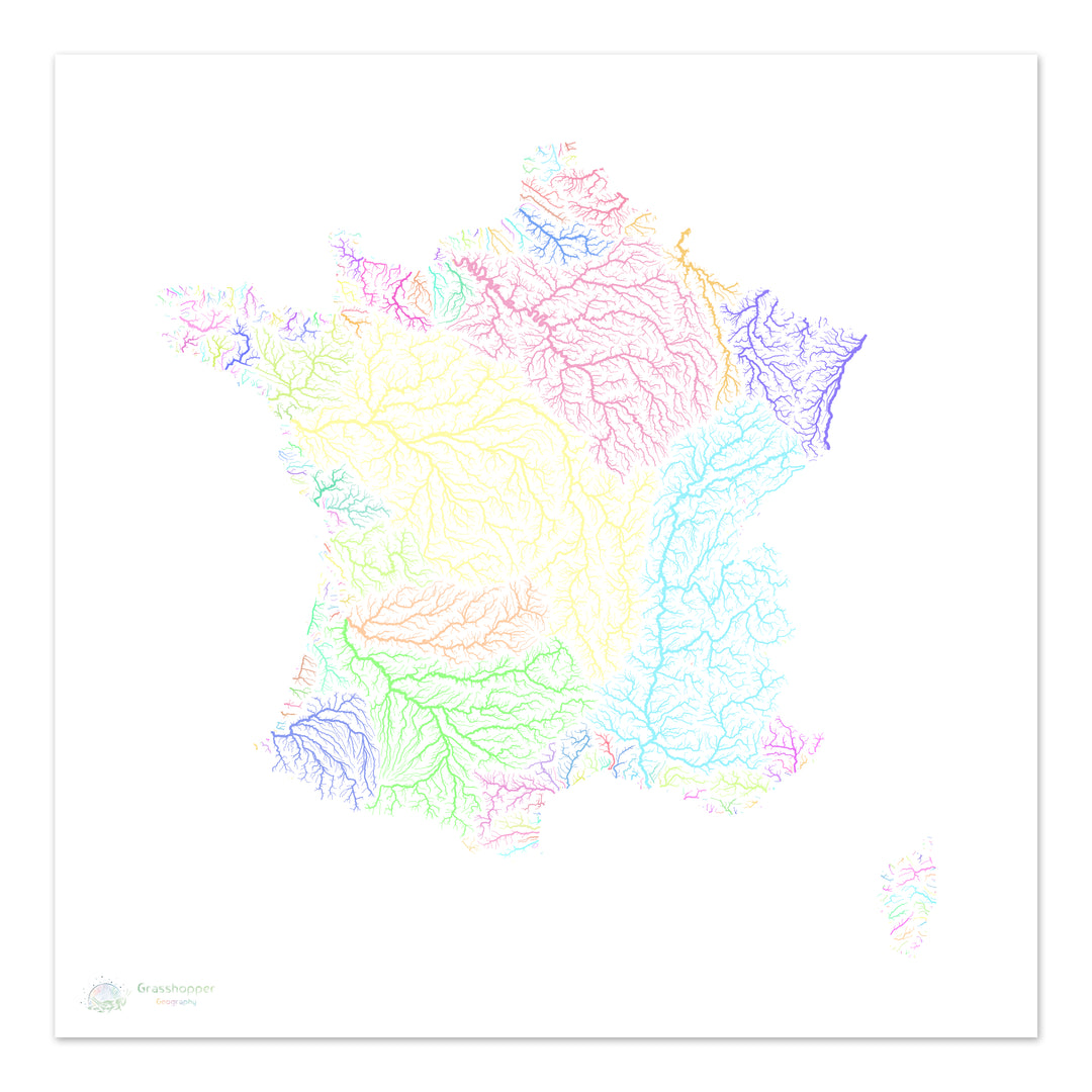Frankreich - Flussgebietskarte, Pastell auf Weiß - Fine Art Print