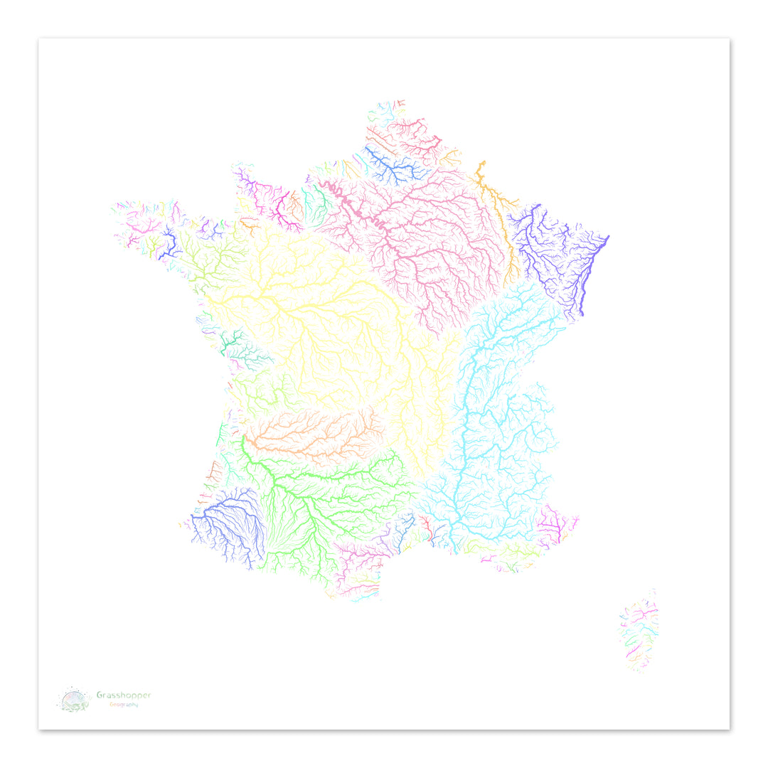 France - Carte des bassins fluviaux, pastel sur blanc - Fine Art Print