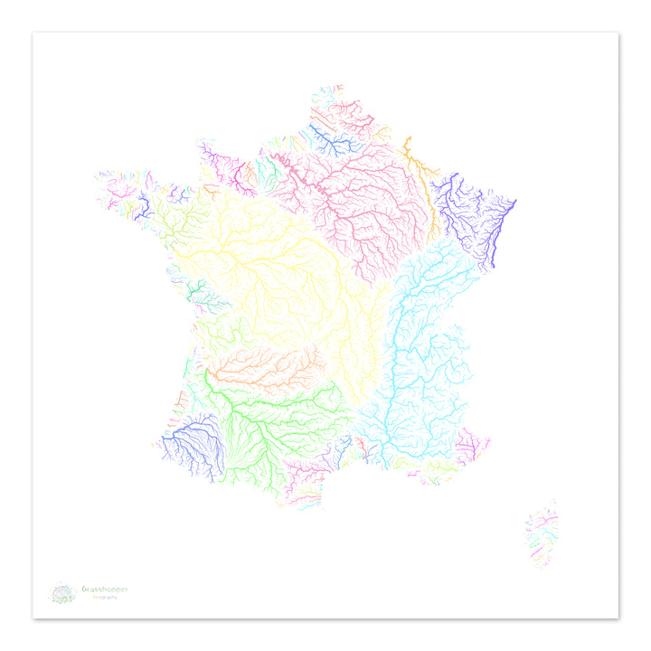 Frankreich - Flussgebietskarte, Pastell auf Weiß - Fine Art Print