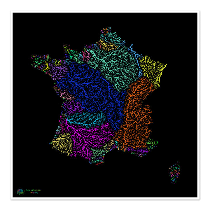 France - Carte des bassins fluviaux, arc-en-ciel sur noir - Fine Art Print