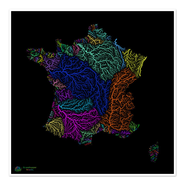 France - River basin map, rainbow on black - Fine Art Print