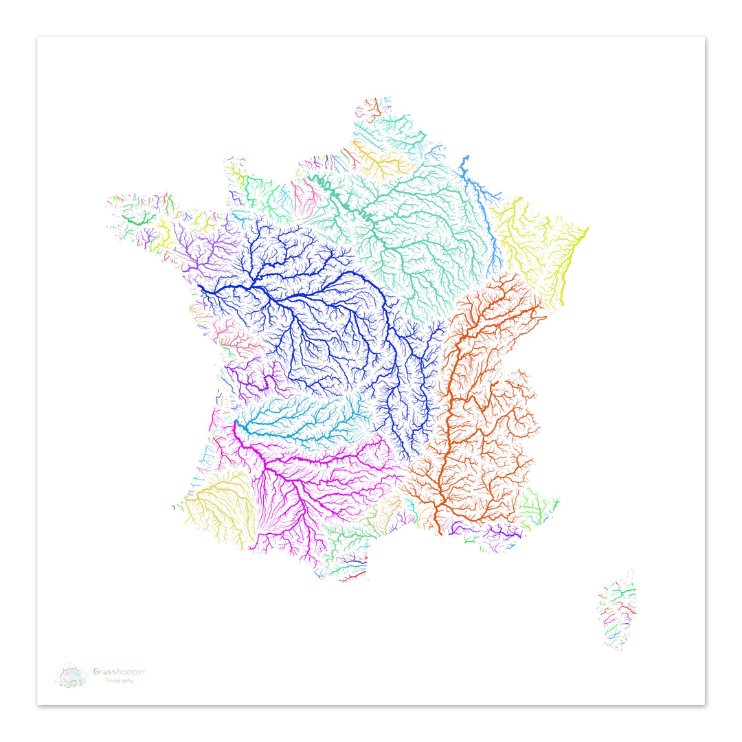 Francia - Mapa de la cuenca fluvial, arco iris sobre blanco - Impresión de Bellas Artes