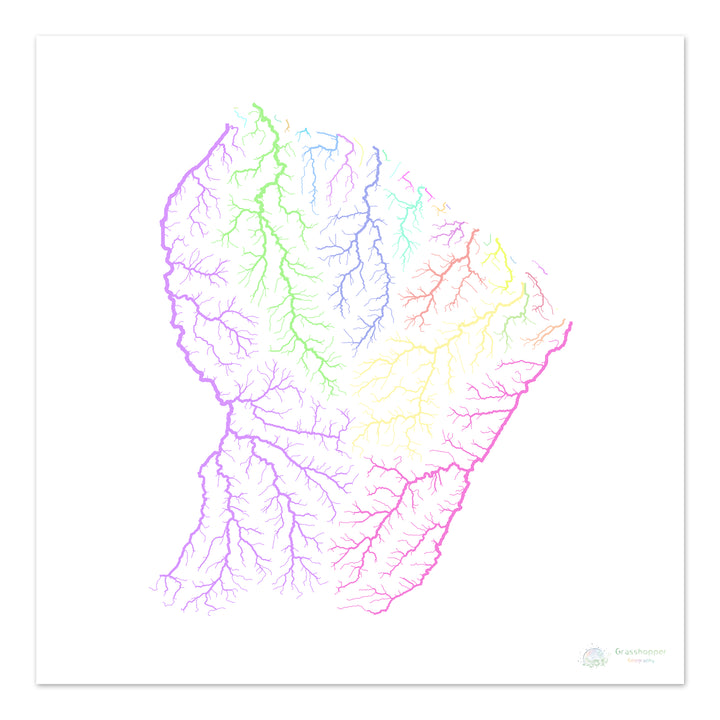 River basin map of French Guiana, pastel colours on white - Fine Art Print