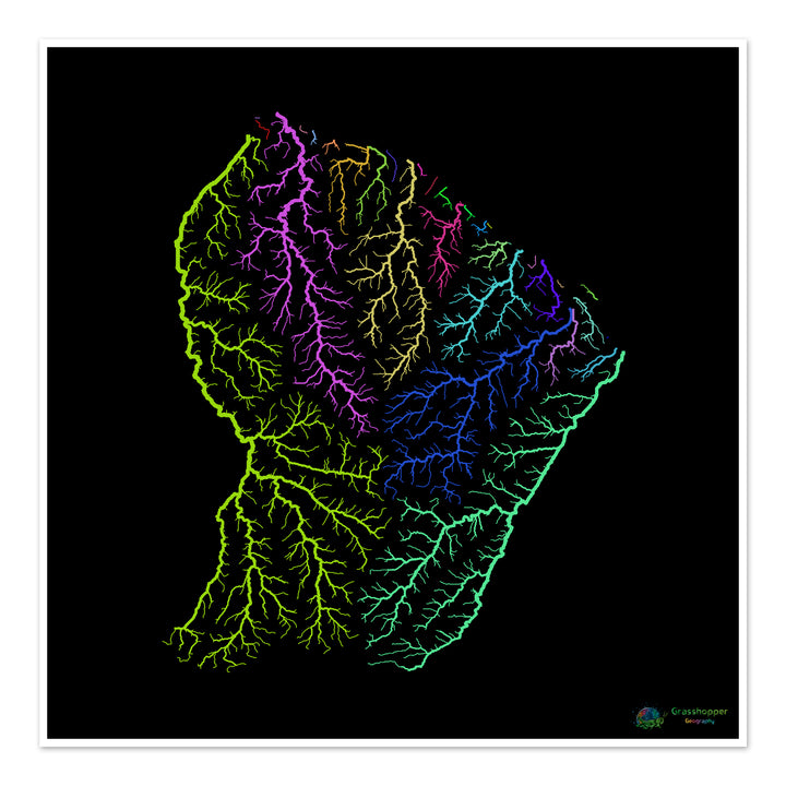Guiana Francesa - Mapa da bacia hidrográfica, arco-íris em preto - Impressão de belas artes