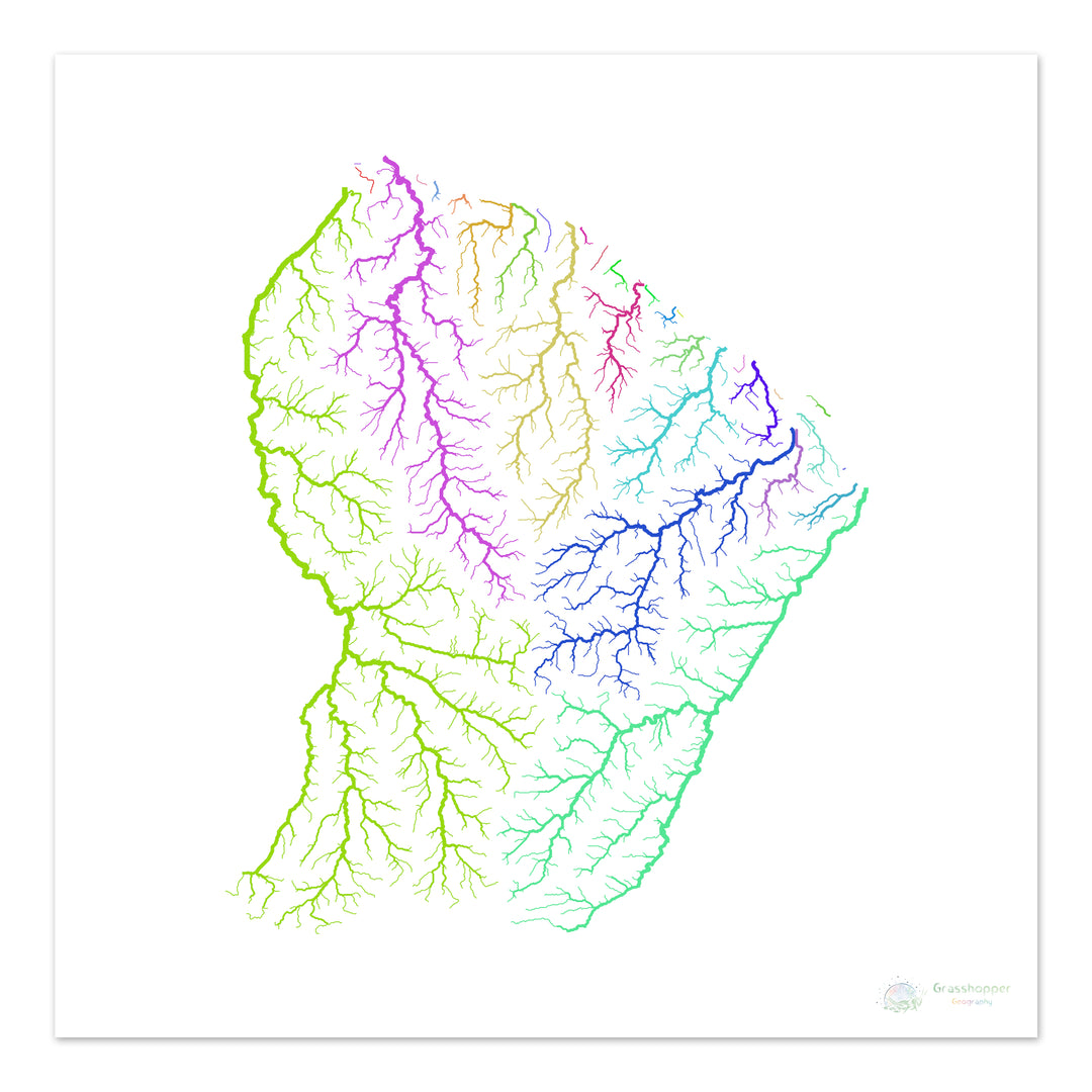 River basin map of French Guiana, rainbow colours on white - Fine Art Print