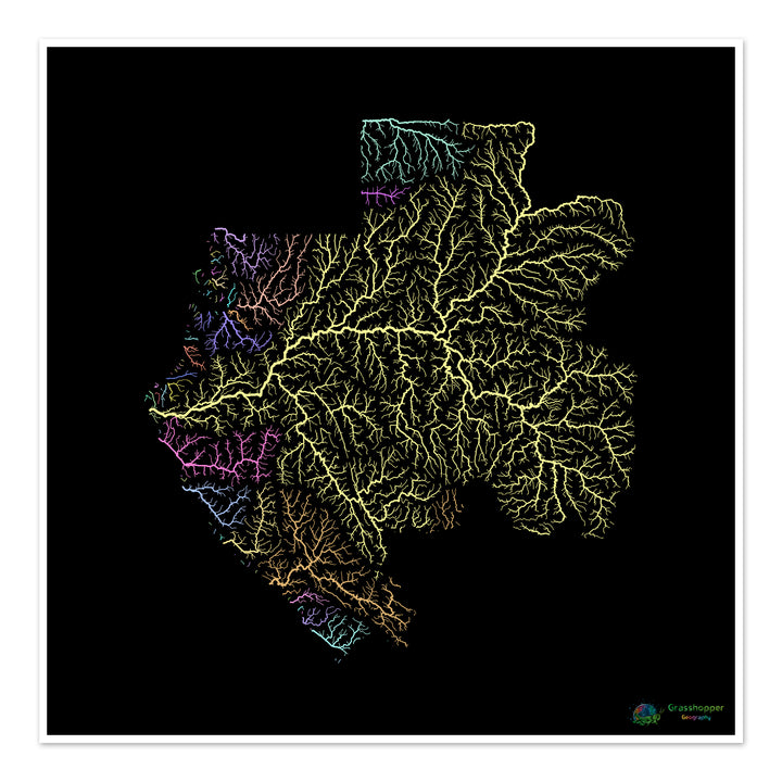Gabon - Carte des bassins fluviaux, pastel sur noir - Fine Art Print
