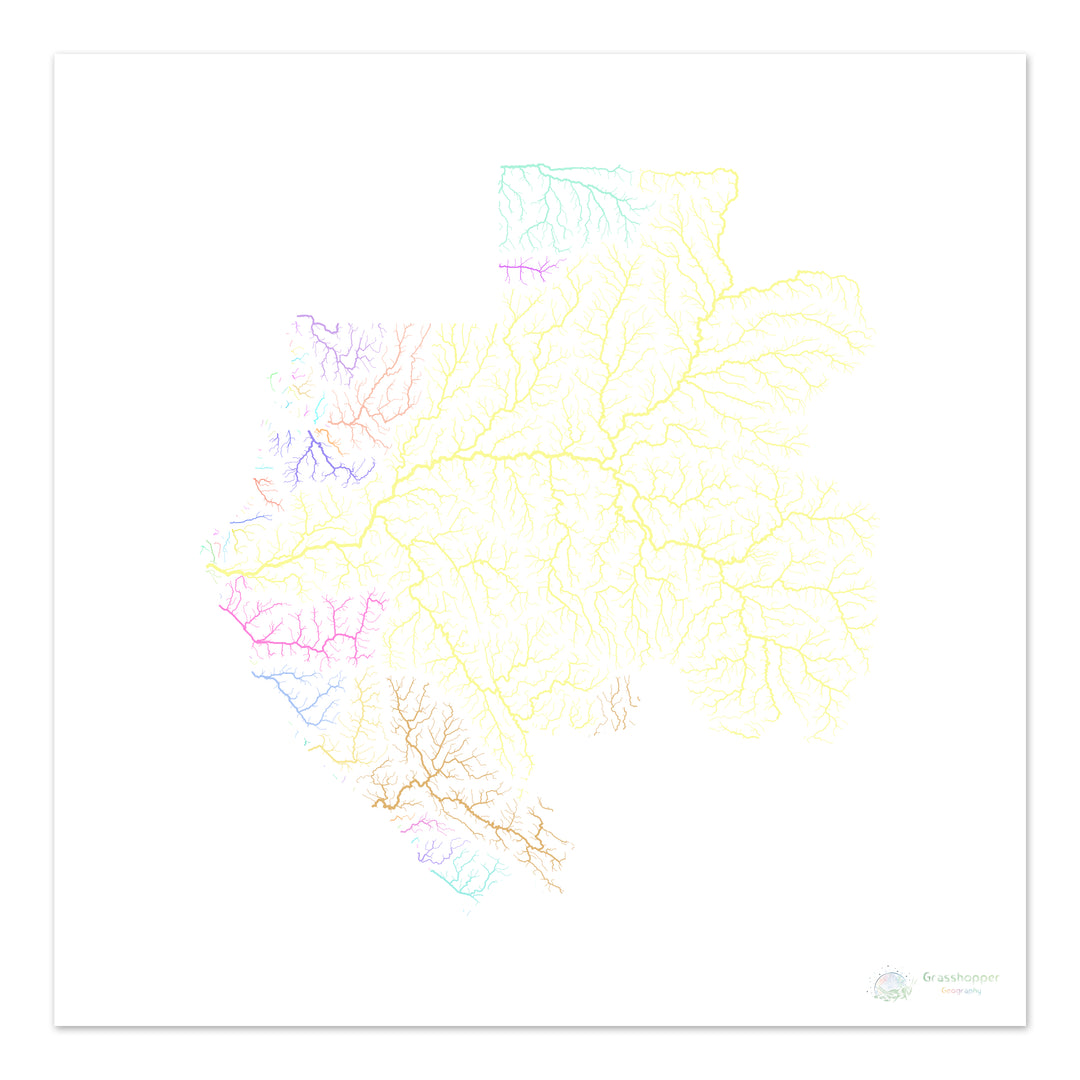 Gabon - Carte des bassins fluviaux, pastel sur blanc - Fine Art Print