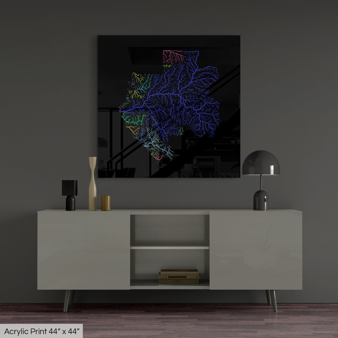 Gabon - River basin map, rainbow colours - Wall Art