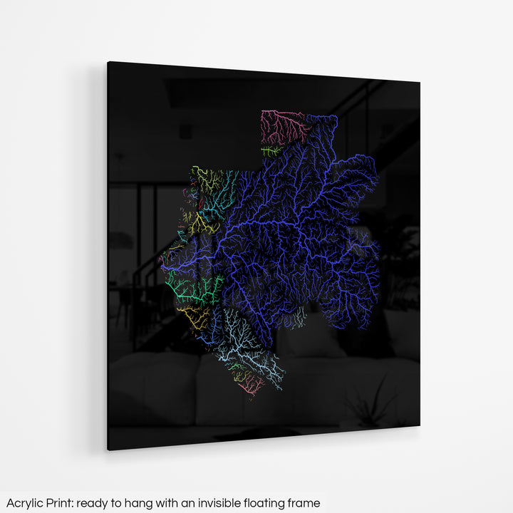 Gabon - River basin map, rainbow colours - Wall Art