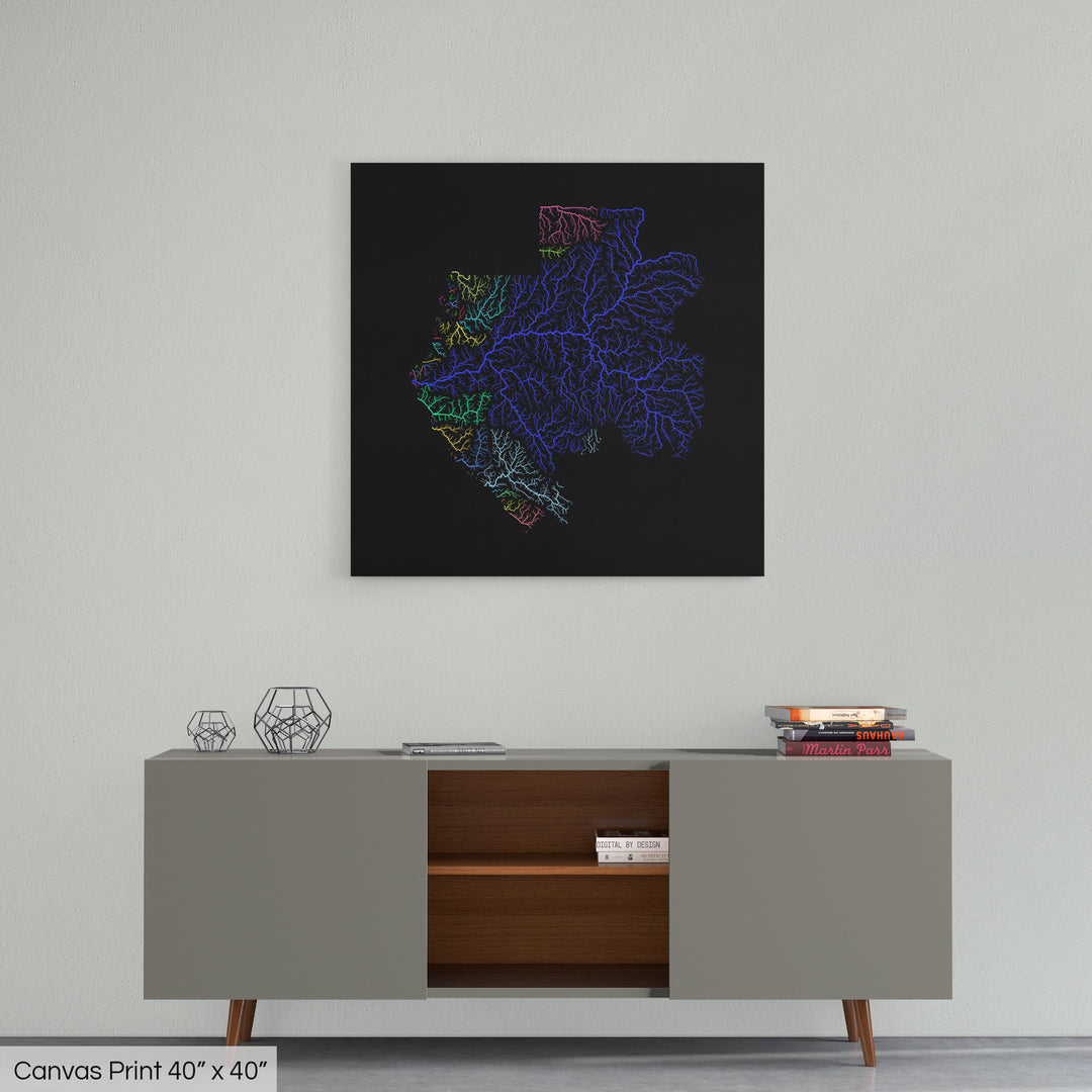 Gabon - River basin map, rainbow colours - Wall Art