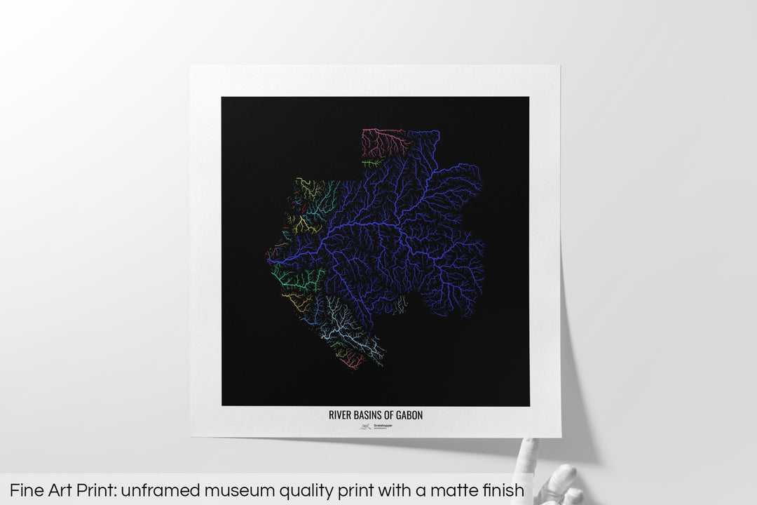 Gabon - River basin map, rainbow colours - Wall Art