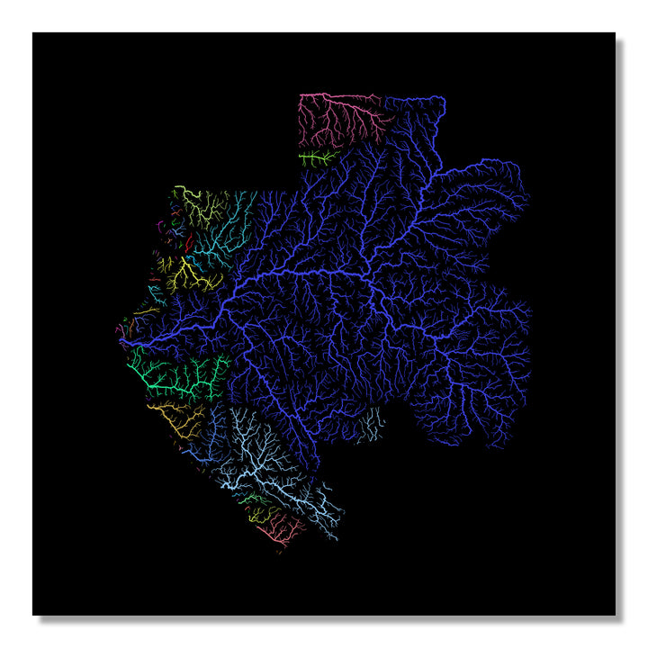 Gabon - River basin map, rainbow colours - Wall Art