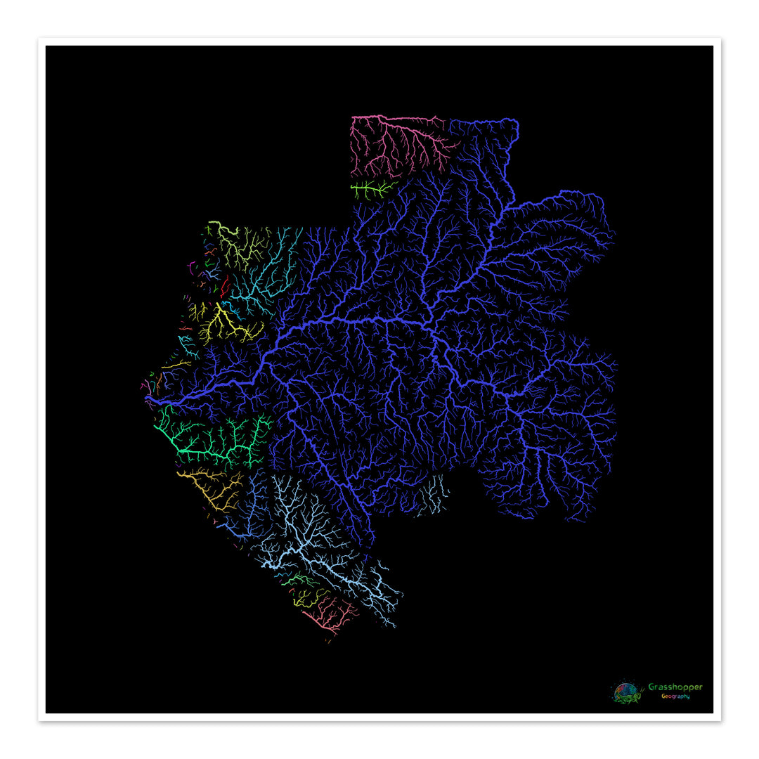 Gabón - Mapa de la cuenca fluvial, arco iris sobre negro - Impresión de Bellas Artes