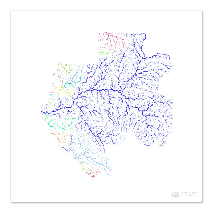 Gabon - Carte des bassins fluviaux, arc-en-ciel sur blanc - Fine Art Print