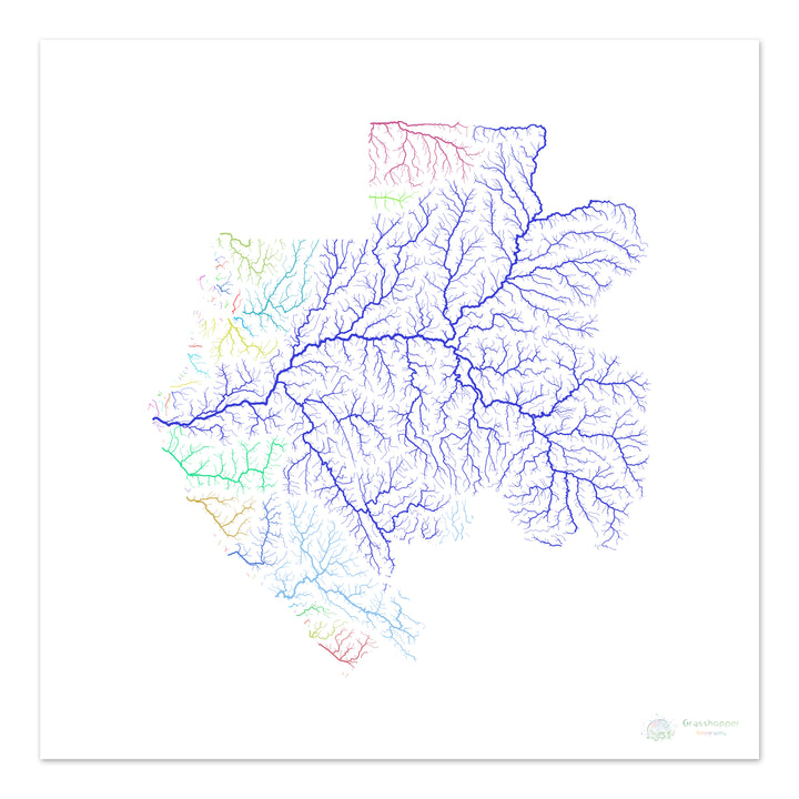 Gabón - Mapa de la cuenca fluvial, arco iris sobre blanco - Impresión de Bellas Artes