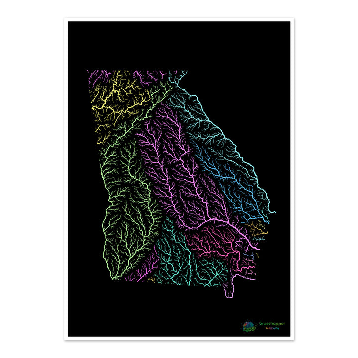 Géorgie - Carte du bassin fluvial, pastel sur noir - Fine Art Print