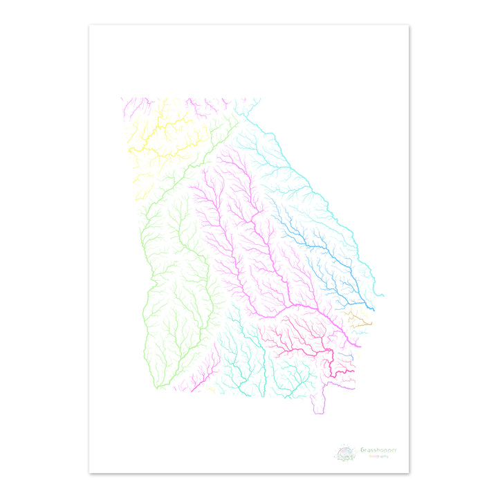 Georgia - Mapa de la cuenca fluvial, pastel sobre blanco - Impresión de Bellas Artes