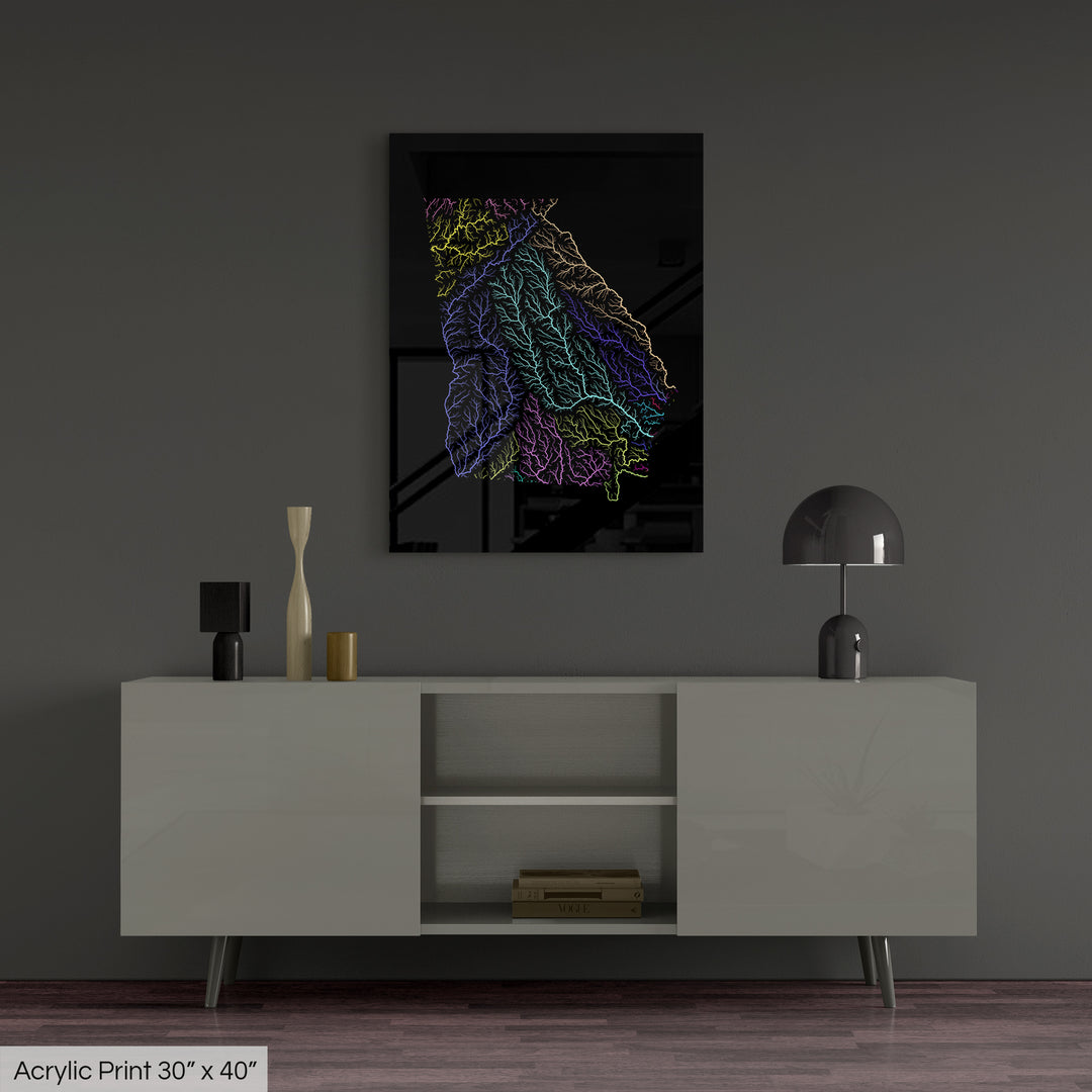 Georgia - River basin map, rainbow colours - Wall Art