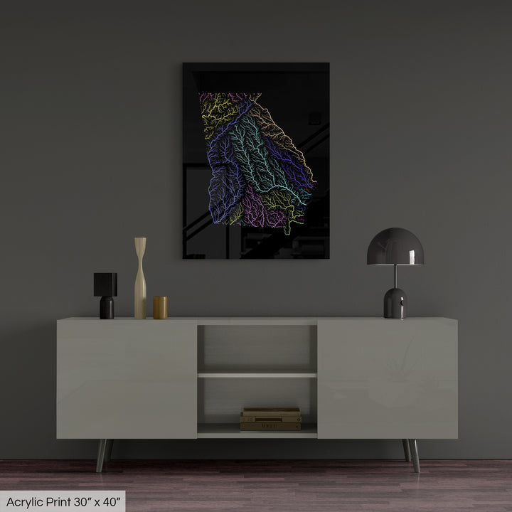 Georgia - River basin map, rainbow colours - Wall Art