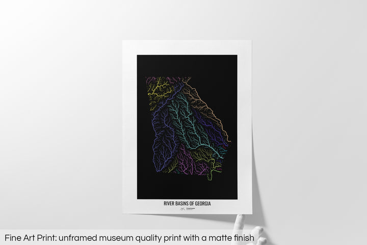 Georgia - River basin map, rainbow colours - Wall Art