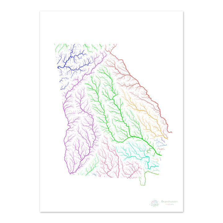 Georgia - Mapa de la cuenca fluvial, arco iris sobre blanco - Impresión de bellas artes
