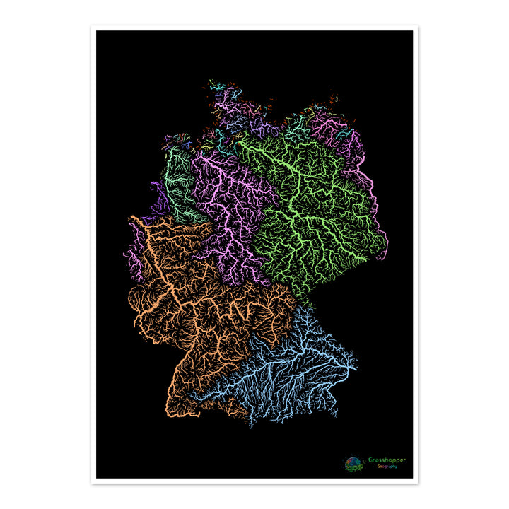 Allemagne - Carte des bassins fluviaux, pastel sur noir - Fine Art Print