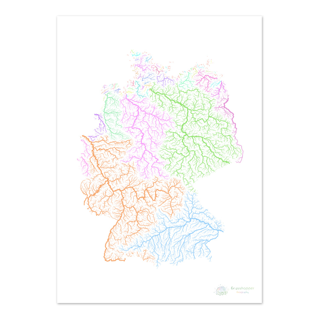 Alemania - Mapa de la cuenca fluvial, pastel sobre blanco - Impresión de Bellas Artes