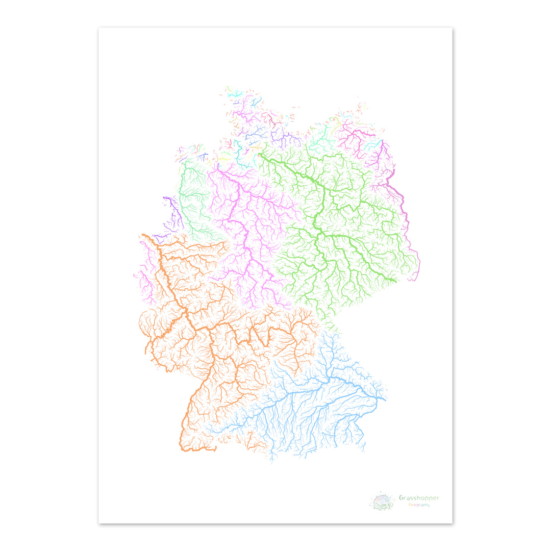 Allemagne - Carte des bassins fluviaux, pastel sur blanc - Fine Art Print