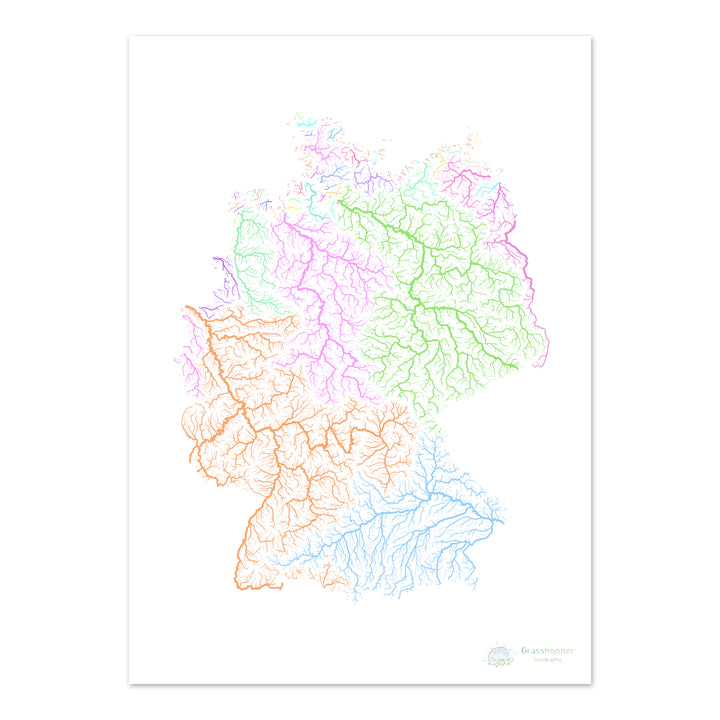 Allemagne - Carte des bassins fluviaux, pastel sur blanc - Fine Art Print