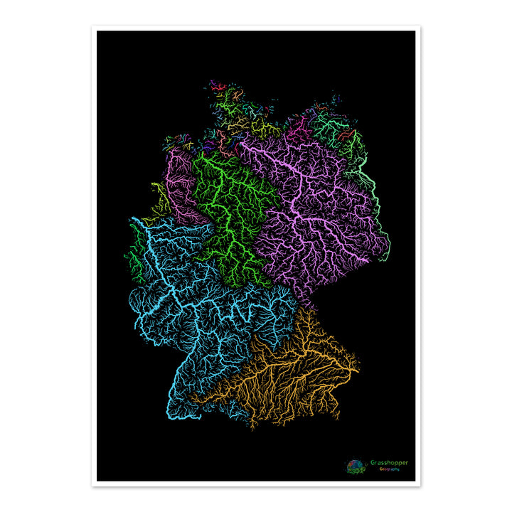 Alemania - Mapa de cuencas fluviales, arco iris sobre negro - Impresión de Bellas Artes