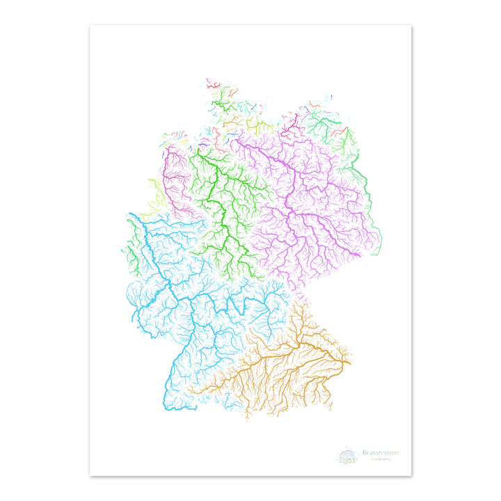 Alemania - Mapa de cuencas fluviales, arco iris sobre blanco - Impresión de Bellas Artes
