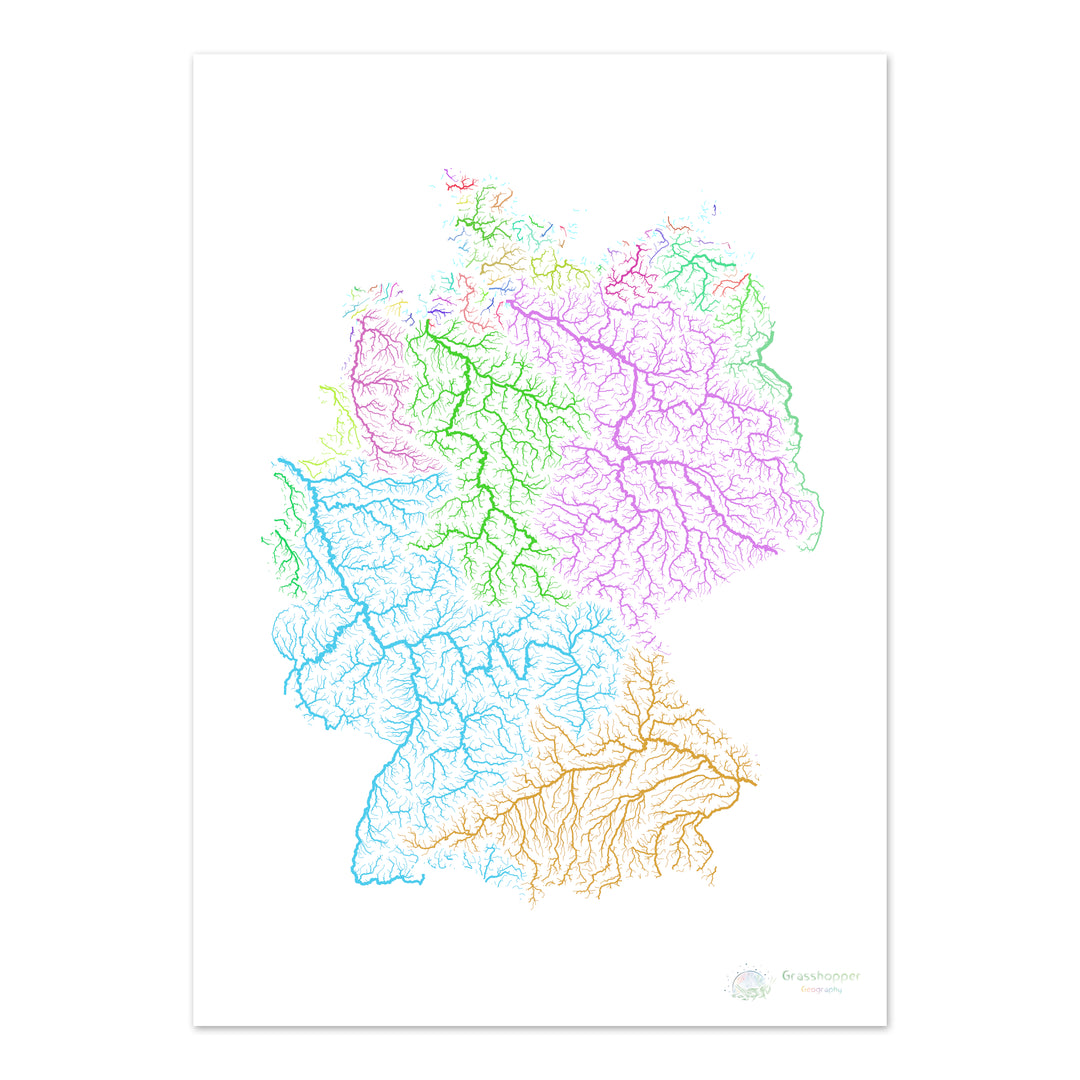 Allemagne - Carte des bassins fluviaux, arc-en-ciel sur blanc - Fine Art Print